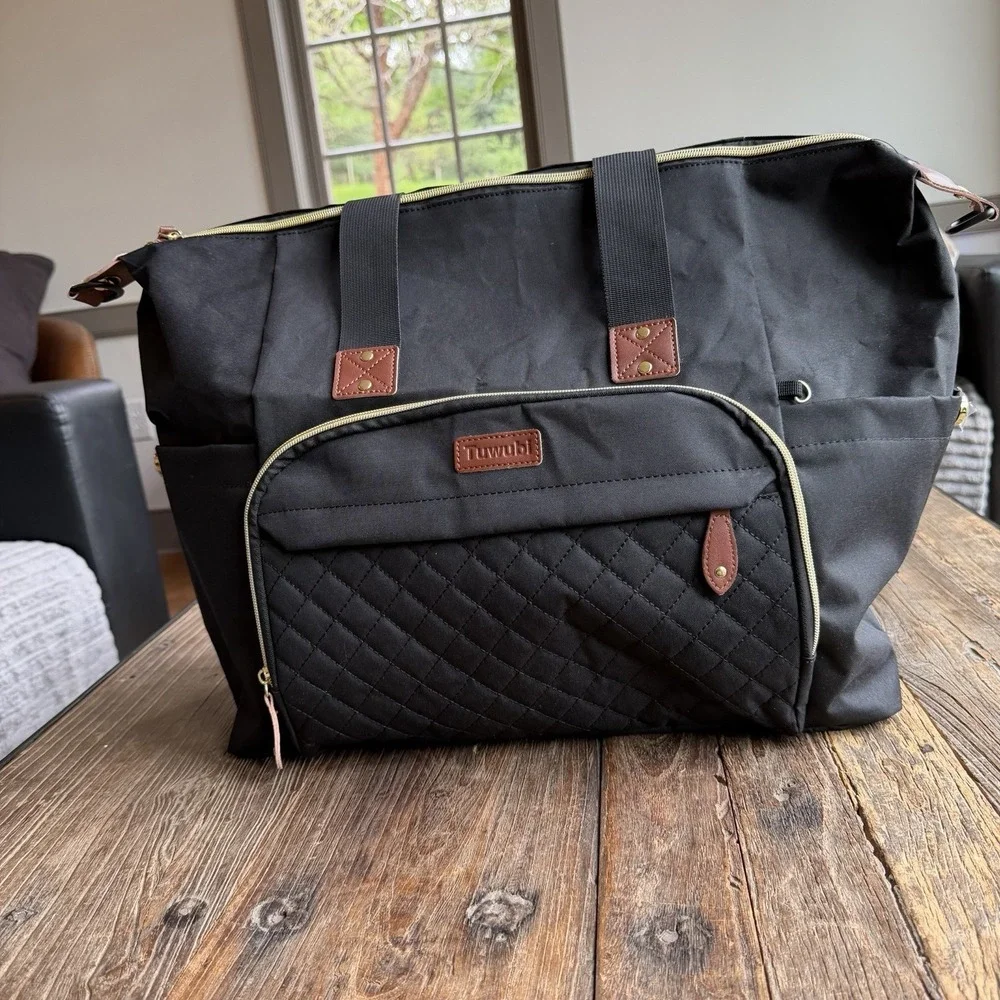 Tuwubi Quilted Diaper Bag NWOT Black Canvas Multi Pocket Shoulder Tote Baby Kids